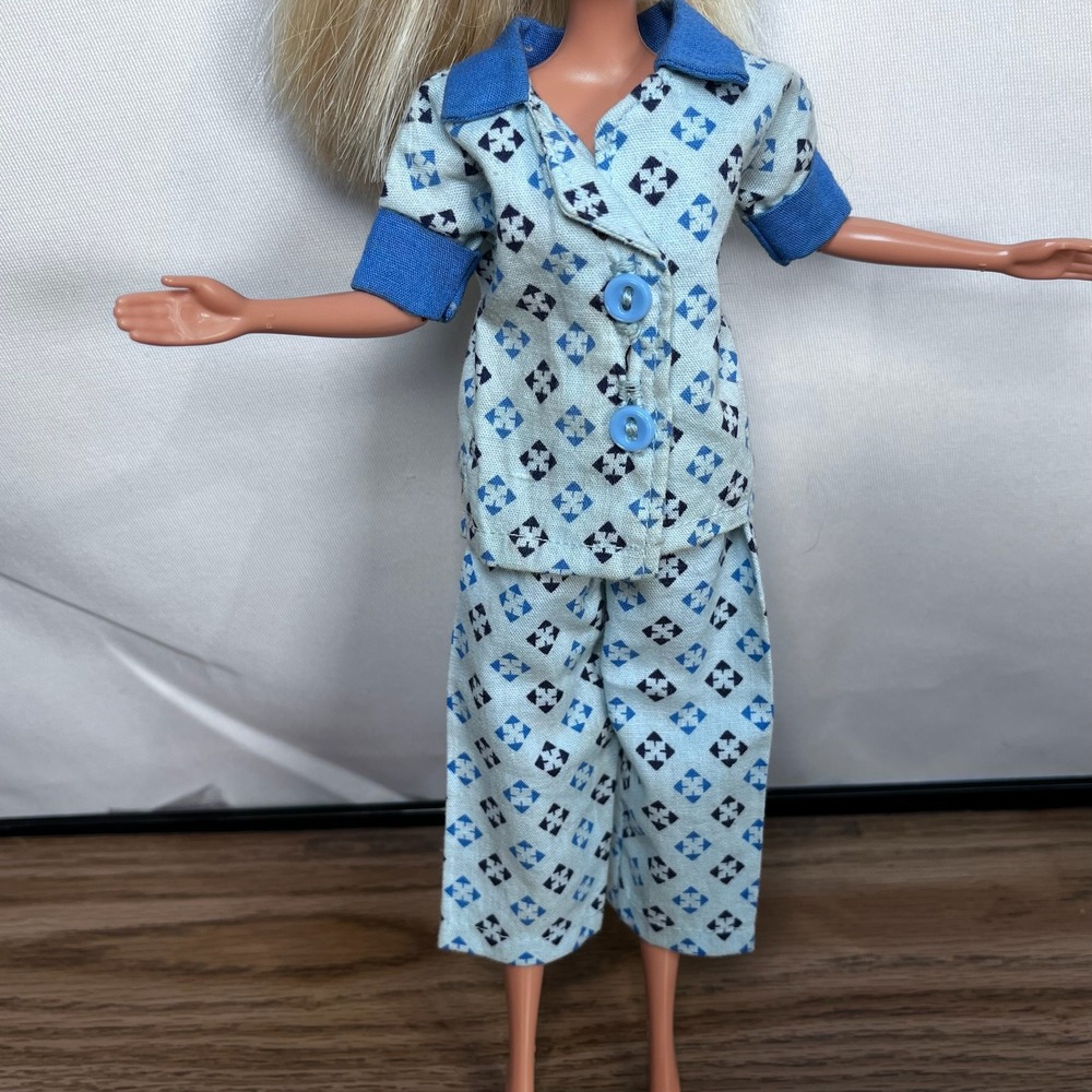 Vintage Blue Geometric Print Doll Pajamas Set Fits 12 Inch Ken Doll Retro PJ